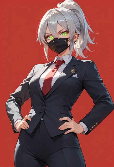 masterpiece, best quality, ultra detailed, a girl, serious look, hands on hips, looking at viewer, ponytail, hair between eyes, silver hair, golden eyes, suit, pants, necktie, mouth mask, red background, flat background, anime