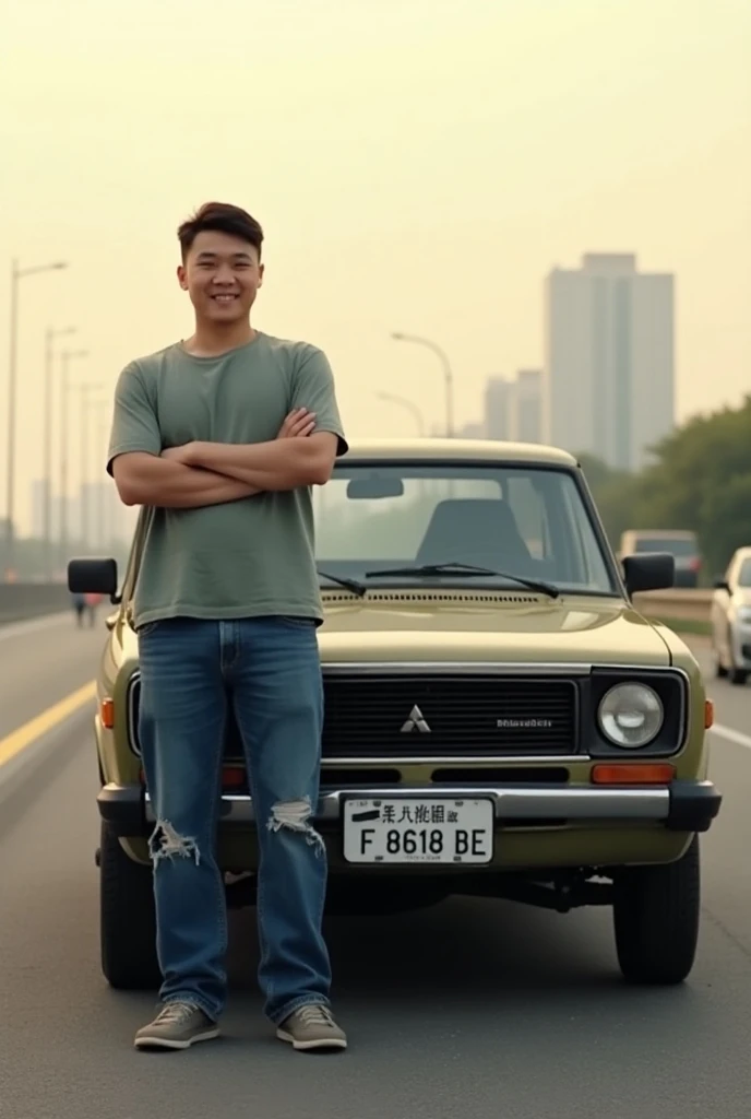 A Young Korean Mechanic,a little fat,fair skin,short haircut, wears an ash t-shirt and ripped jeans , stands and smiles next to his antique car, mitsubishi pick-up colt 120 that was in production in the 80s with flat number F 8618 BE,warma cream ,backgroun...