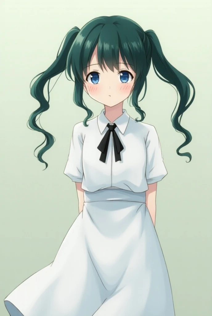 The innocence, dark green hair, twintails, arms behind back, white dress, black waist tie, a girl,blue eyes,