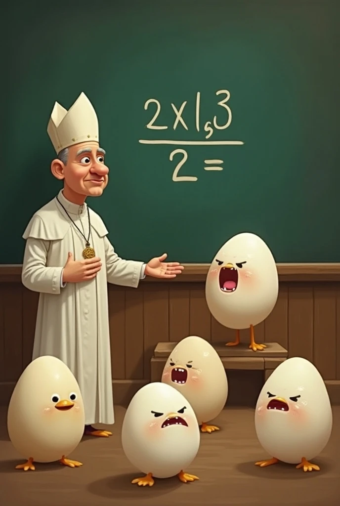 When Pope asks the Eggs to solve a math problem"
Image: Pope looking serious at a blackboard with a simple math problem, and all the Eggs with their eyes crossed or sweating profusely.
Caption: "Pope: This is basic math. Eggs: Is it though?"