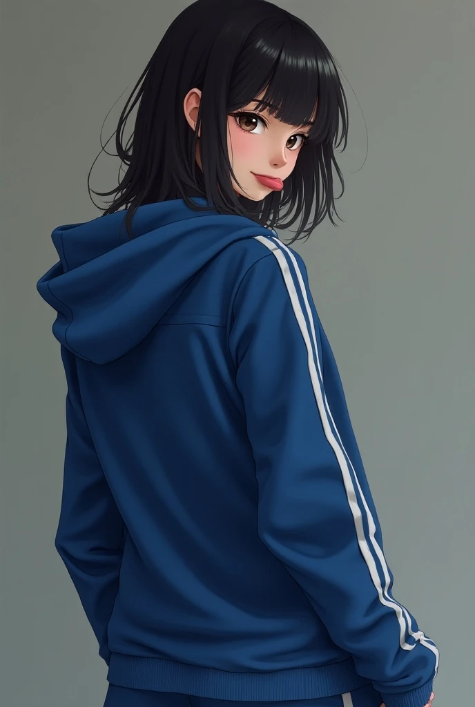 masterpiece, Highest quality, Ultra-high resolution, girl and Boy, Tongue、Black Hair、smile、Looks like (Blue sweatpants:1.3), (The jacket is a blue track jacket.: 1.2), back view, Sex Penis and vaginal erotic 