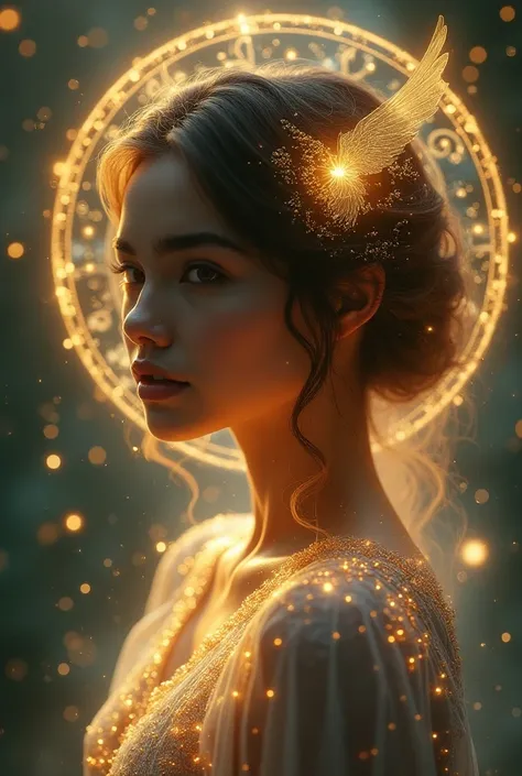 a woman with her zodiac sign as her guardian, beautiful young woman, detailed face, intricate zodiac symbols, ethereal glowing magical energy, fantasy, dramatic lighting, cinematic, epic scale, vibrant colors, highly detailed, 4k, photorealistic, masterpie...