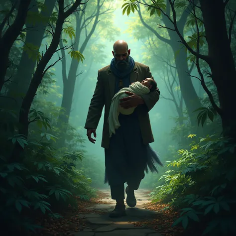 The same executioner is seen walking through a dense jungle, holding the baby, Rao Singha Ji, in his arms. The jungle is filled with towering trees, thick vines, and eerie shadows. The baby is wrapped in the same silk cloth from earlier scenes, while the e...