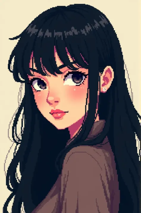 White girl with long black hair with bangs in pixel art