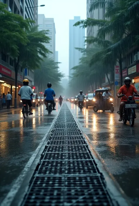 Create IoT device enabled big square  drains covered with mesh for draining only rain water. Show Bangalore busy city road with traffic on heavy rainfall day. Show the  IoT enabled drains that are placed on either side edges of road 