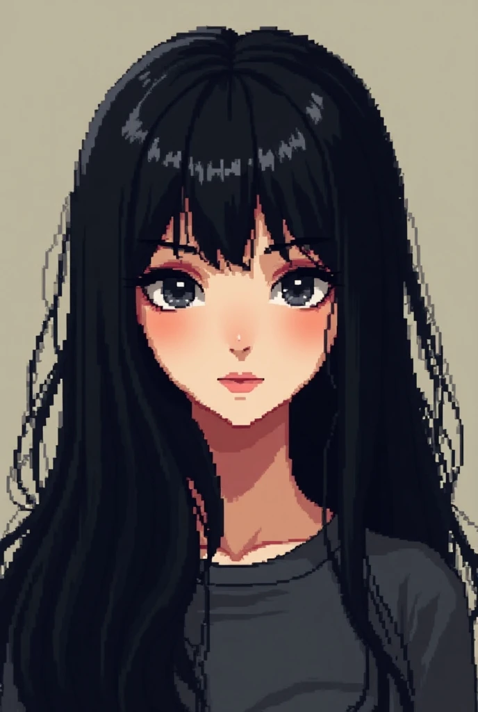 White girl with long black hair with bangs in pixel art