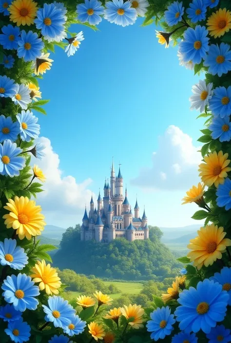 Blue and yellow white flower frame and in the background a castle with a clear sky and clear sky