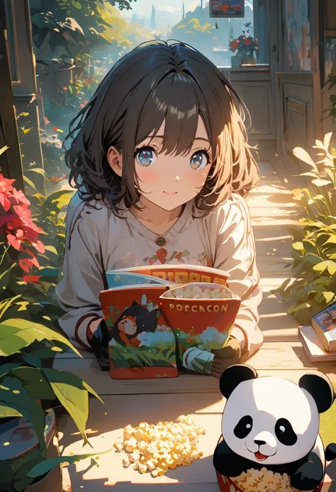 1girl, cute panda, popcorn, book, detailed face, beautiful eyes, lush garden, natural lighting, vibrant colors, soft lighting, cinematic composition, highly detailed, 8k, digital painting, concept art