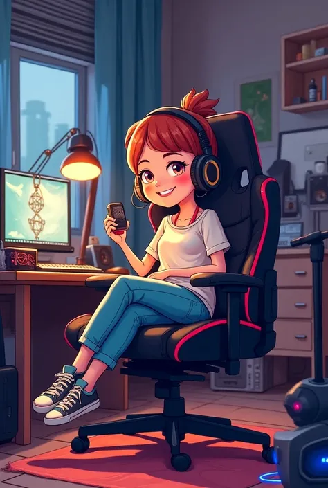 Draw a cartoon character. Who sits on a gaming chair and record her audio sound