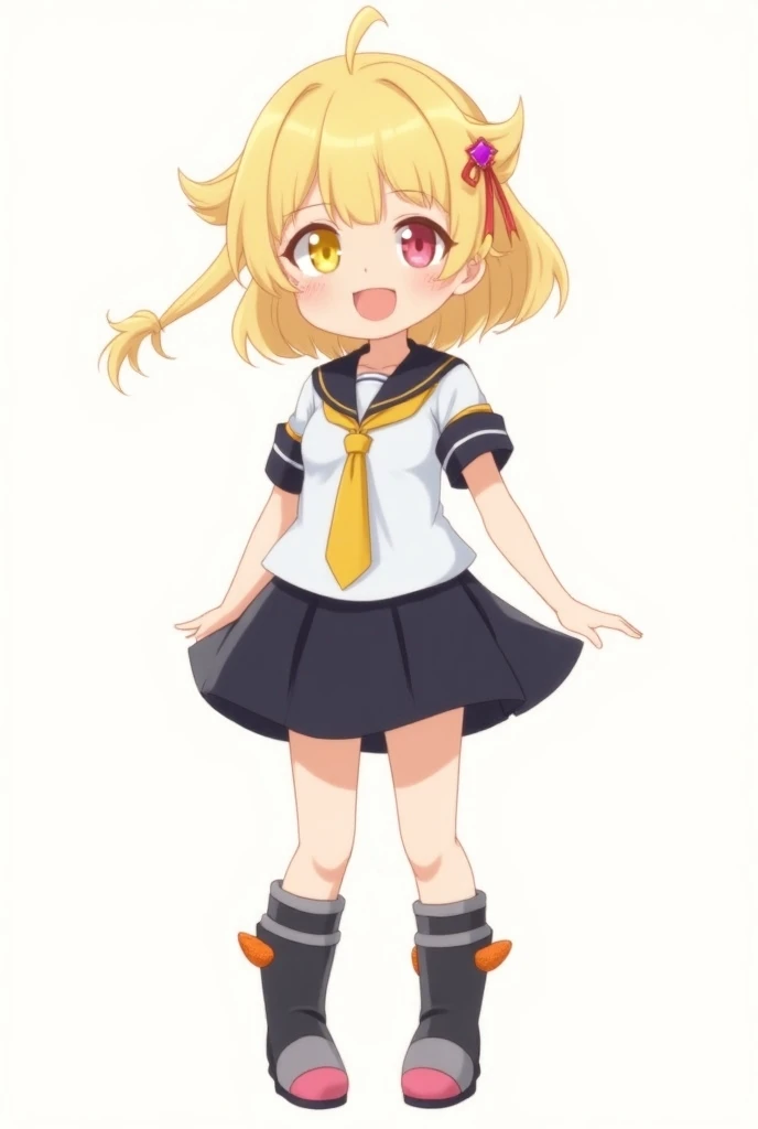 short ANIME girl, with short hair loose a little above her shoulders, light yellow, yellow right eye, pink left eye, a dark blue sailor collar with a yellow stripe and a yellow schoolgirl tie set, and a white shirt with short sleeves and orange textures on...