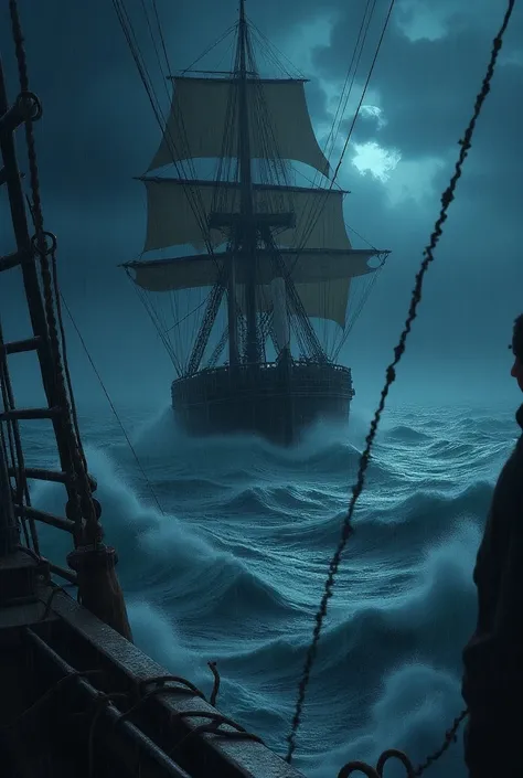 In a Victorian ship. Night storm.