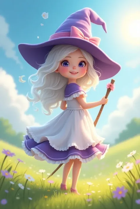 Gamabar size 1 : 1 girl tingi 150cm with witch hat., white hair , smile,  holding a witchs wand .  Wearing a white purple dress , In the meadow, midday, with bright clouds with writing on the back 
Elaine the little witch