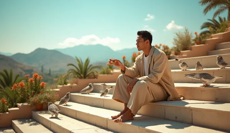 A young Japanese Muslim man with a stylish Louis Vuitton outfit sits elegantly on the stairs of a serene Middle Eastern park, surrounded by lush greenery and vibrant flowers. He is seated with poise, as if posing for a high-fashion photoshoot, while gently...