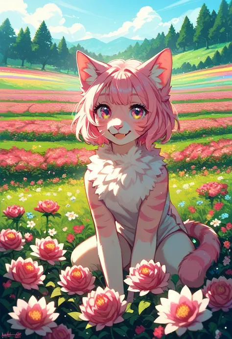 strawberry cat, girl, cute, adorable, pink flowers, flower field, nature, fantasy, colorful, vibrant, intricate details, 8k, high resolution, masterpiece, digital art, soft lighting, pastel colors, cinematic composition