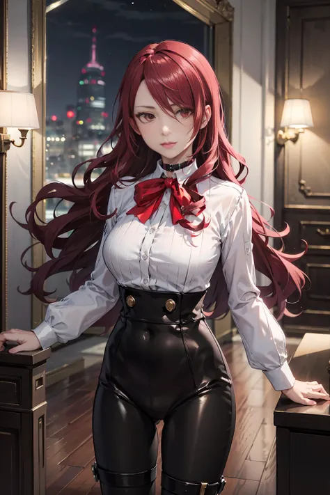   The best quality , ( masterpiece :1.3),  cinematic lighting , ultra-detail, (highres:1.1), mitsuru kirijou, standing, front view, looking at viewer, long dark red hair, ( hair covering a right eye ),  detailed eyes , red eyes,  Big breasts, choker:1.6, r...