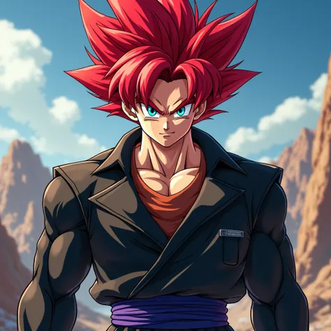 Goku with red hair and blue eyes and with a black jacket Masterpiece, anime, with black leather jacket Sonrisa, with slim body 