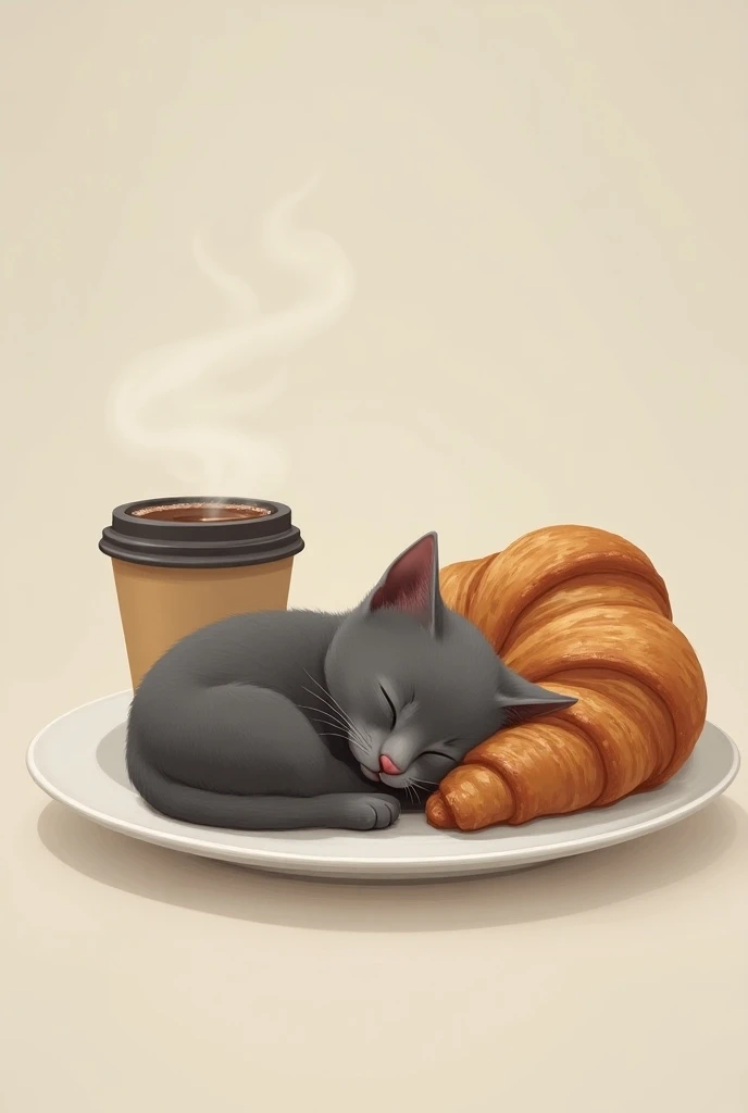 Super realistic illustration, Detailed Fantasy art, A Russian Blue kitten is sleeping leaning against a big freshly baked croissant on a big white plate, freshly baked bread texture, a big paper cup of coffee next to it. minimalism