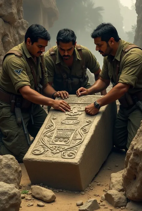 Three Mexican soldiers try to open a stone coffin 