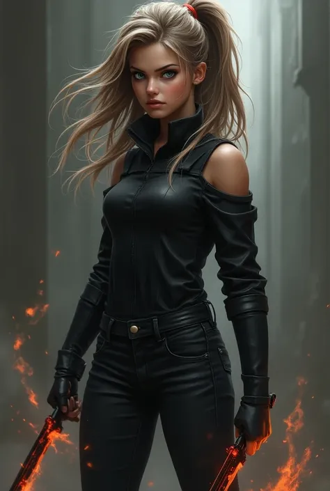 A girl with brown hair and blond hair and blue eyes, a strong and angry personality, wearing a black outfit with a collar and black jeans and a red and black knife with orange details and with powers of gravity behind her.