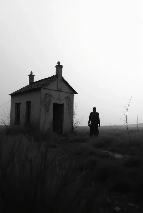 Black and white photo of abandoned house in rural Mexico, silhouetted figure in the distance