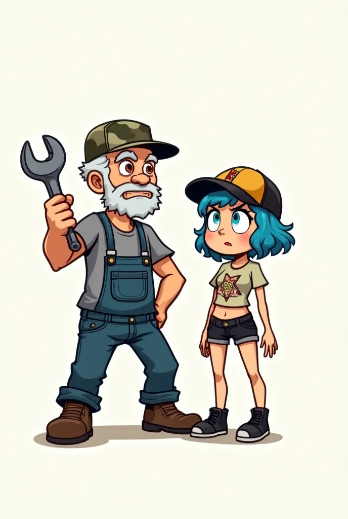 Line art, chibi, two people, older man, grey hair, brown eyes, camo hat, grey t shirt, jean overalls, boots, waving a wrench, mad expression, woman, blue pixie cut, light blue eyes, trucker hat, graphic tee shirt, black shorts, black shoes, confused expression, both people looking forward, both people looking at the viewer, 'Invincible' animated style of art, cartoon art style