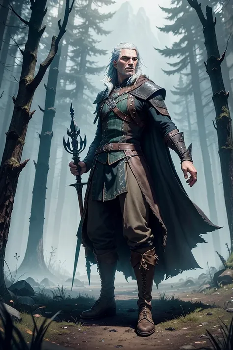 Create an original character inspired by the dark, adventurous style of The Witcher 3, portrayed as a powerful sorcerer. The character is Daffy the wizard, he must have a bold and magical appearance, with a shining staff and mystical runes. They must be dr...