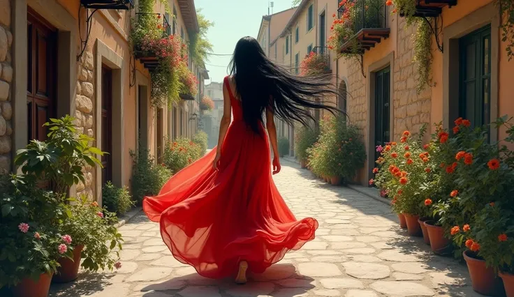 Photorealistic, ultrarealistic and cinematographic image of a beautiful model, with long black hair flowing in the wind, wearing a long red dress. As she walks, multicolored flowers appear and sprout wherever she passes as if she spreads the flowers with h...