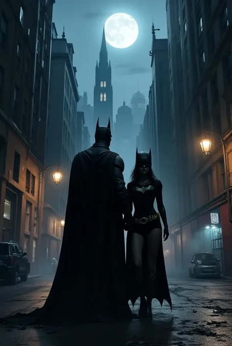 Create a gothic city image with Batman and Batgirl
