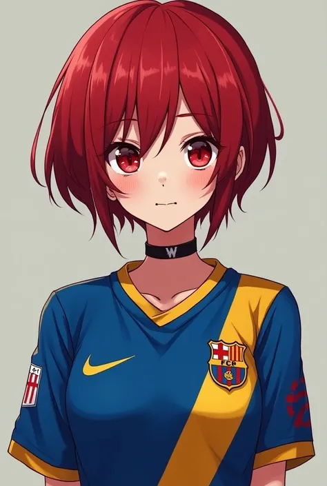 Create an anime-style woman with red hair and burgundy eyes, wearing a nose piercing and a choker. She is short in stature and dressed in the blue and yellow jersey of Boca Juniors. The jersey features the clubs crest on the left side and a sponsor logo on...