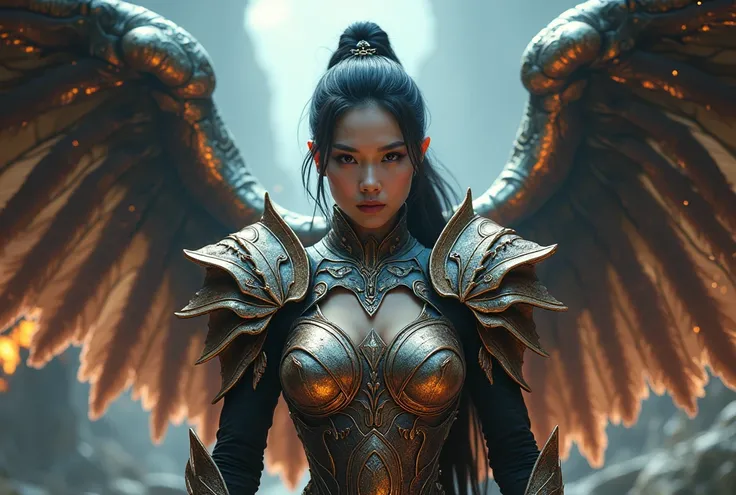 8K Octane, Cinematic, Hyperrealism, woman with Beautiful armor, with metallic big wings , cinematic, wide angle, powerfull, asian face look, glowing armor, villain look, 