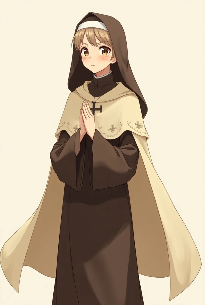 Generate an anime-style image of a young Carmelita friar in a brown habit with the hood on and with a cream-colored cape