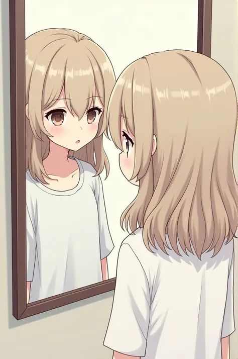 Manga style, girl looking in the mirror with wavy and fluffy hair 