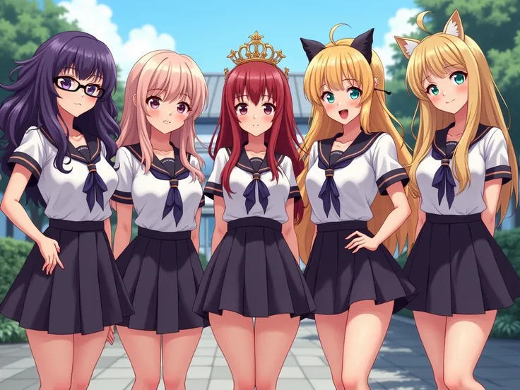 2D, A group of anime-style onee sensual  gyaru girls, with curvy, glamorous figures that closely resemble the example girl with a mature and elegant appearance. They are standing together in front of a Japanese school. Each girl maintains her distinct pers...