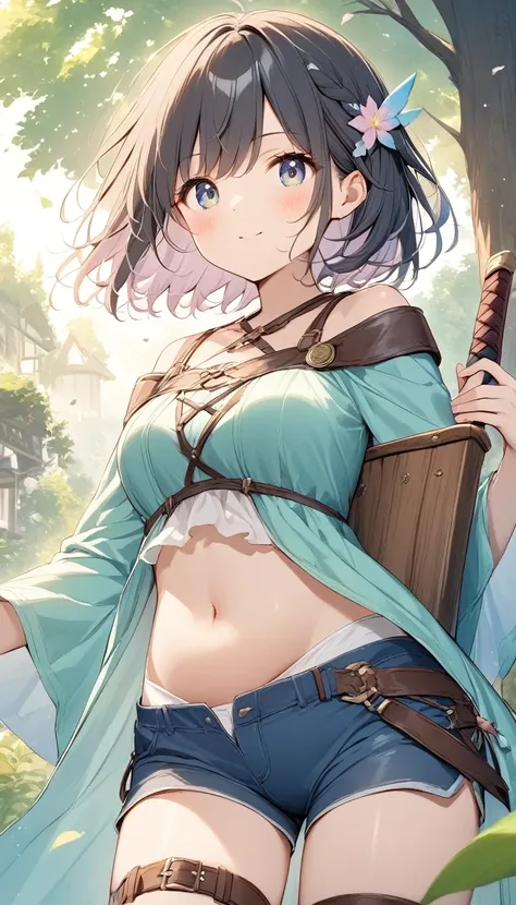   The bright lines and soft colors create a dreamy effect., Fleeting Impressions..,One Woman、The Old Tree House   、  A Girl Holds an Iron Sword  、cute、  fantasy 、  fantasy  皮の鎧、Shorts、Belly button、Equip yourself with a wooden shield、leather thigh holder、