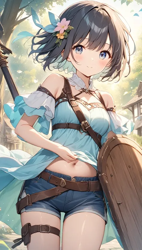   The bright lines and soft colors create a dreamy effect., Fleeting Impressions..,One Woman、The Old Tree House   、  A Girl Holds an Iron Sword  、cute、  fantasy 、  fantasy  皮の鎧、Shorts、Belly button、Equip yourself with a wooden shield、leather thigh holder、