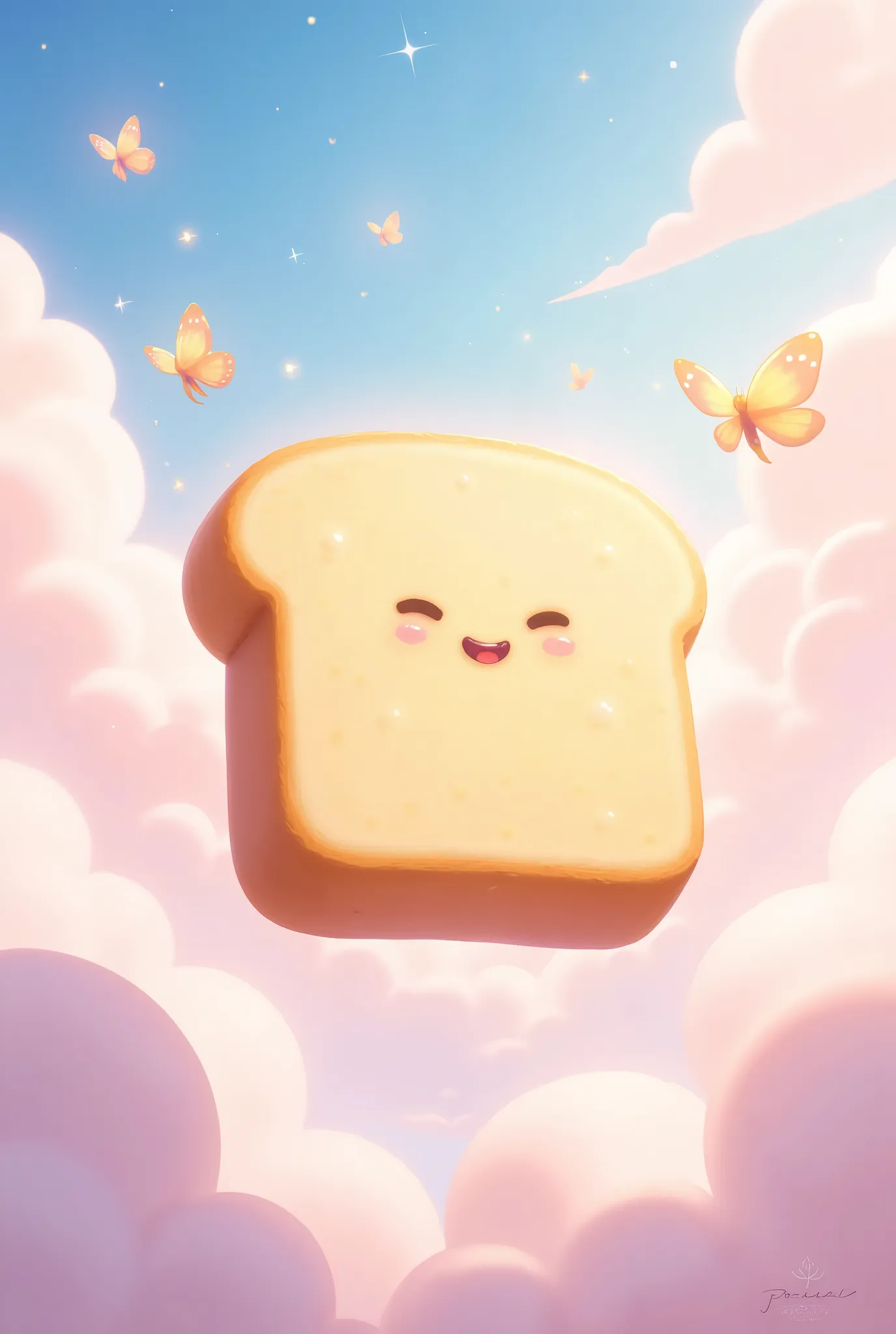 A whimsical, fantasy-inspired image of a single slice of bread with a soft, golden-brown crust and a fluffy, light interior, The bread floats gently in a bright, pastel-colored sky filled with soft, fluffy clouds, Tiny, glowing butterflies and sparkles of light surround the bread, adding a magical touch to the scene, The bread itself has an adorable face drawn with butter and jam, giving it a cute and playful expression, The overall color palette is bright and cheerful, with soft pinks, blues, and yellows, creating a fun, lighthearted atmosphere, The entire scene feels charming and magical, as if the bread is part of a whimsical, fantasy world,