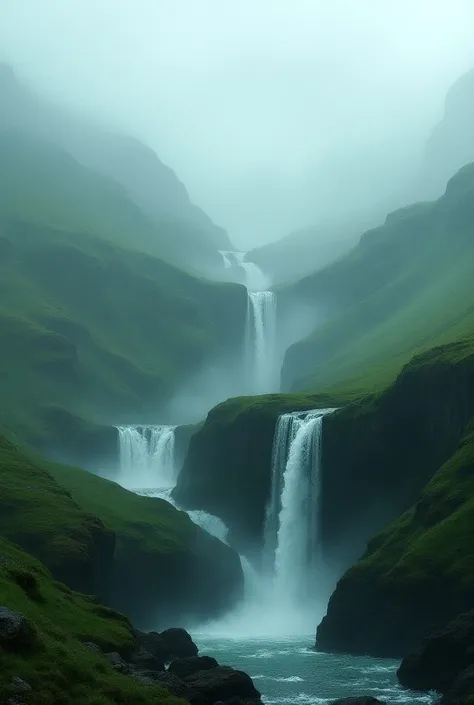  Make a picture of the hills where there are waterfalls, above there is an inscription  "Ismadi Bae ",  with the atmosphere of a lot of thick cloud fog .