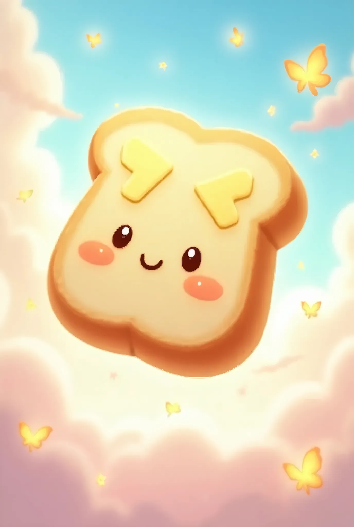 A whimsical, fantasy-inspired image of a single slice of bread with a soft, golden-brown crust and a fluffy, light interior, The bread floats gently in a bright, pastel-colored sky filled with soft, fluffy clouds, Tiny, glowing butterflies and sparkles of light surround the bread, adding a magical touch to the scene, The bread itself has an adorable face drawn with butter and jam, giving it a cute and playful expression, The overall color palette is bright and cheerful, with soft pinks, blues, and yellows, creating a fun, lighthearted atmosphere, The entire scene feels charming and magical, as if the bread is part of a whimsical, fantasy world,