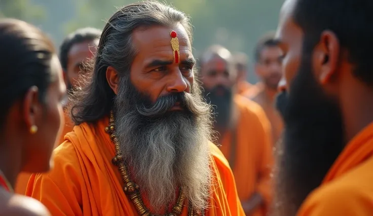 "Create a close-up image of a Hindu pujari (priest) with a long, flowing beard, wearing an orange-colored traditional costume with a saffron robe and intricate designs. His face is serene and wise, with a calm expression, deep eyes, and a tilak on his fore...