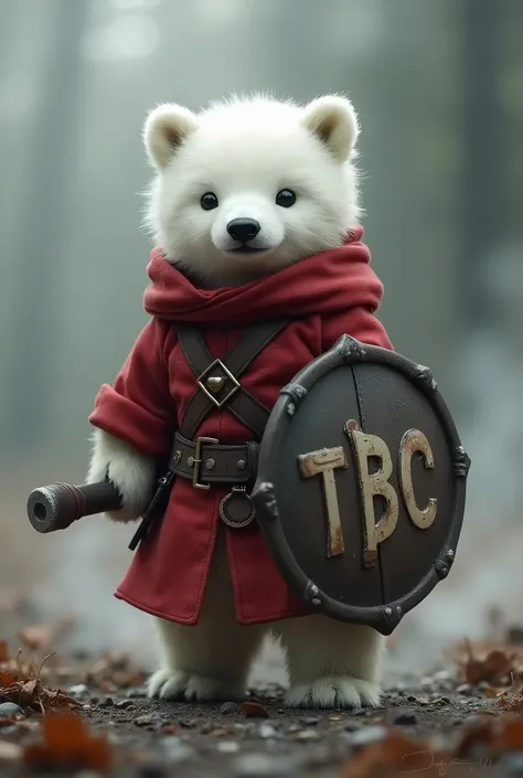 A small female polar bear wearing a cute dark red war costume wearing a shield that says “TBC” Jamals war smoke 