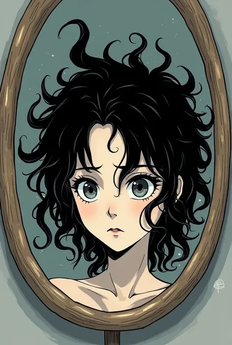 Manga-style image ,  girl with a serious expression looking in the mirror with wavy and very tangled hair