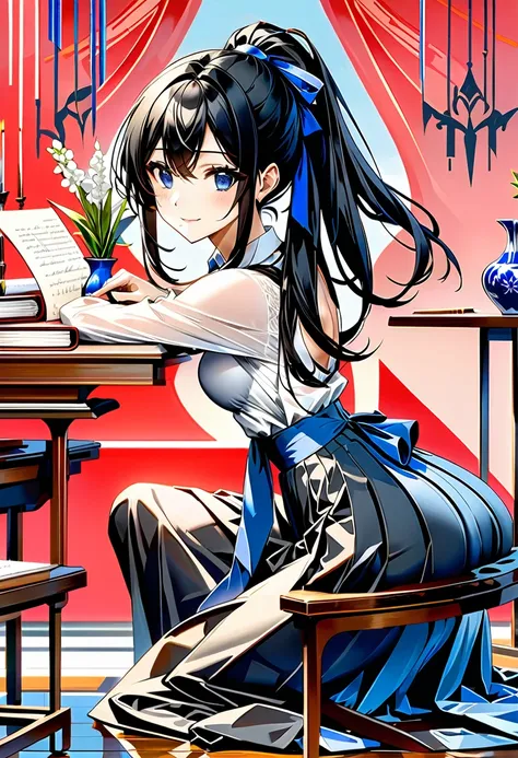 Masterpiece, Top Quality, High Resolution, Very Detailed, Detailed Background,(Fraulem Chrome, (Black Hair, Semi-Long Hair, Blue Ribbon in Ponytail),(White Blouse, Blue Short Ribbon Tie, Blue Long Skirt), Small, Neat, Black Eyes,Studying, Gentle Smile), Sc...