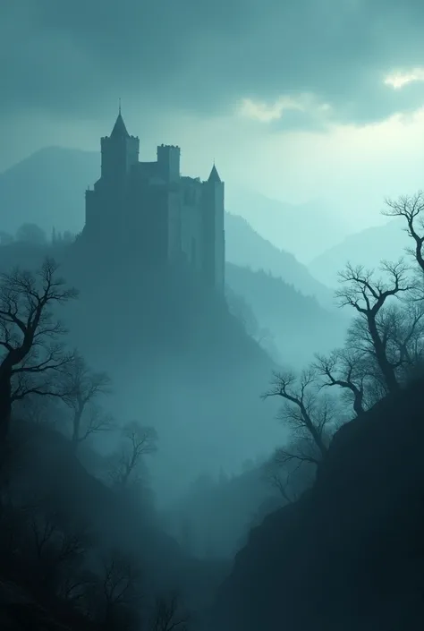 3D."An ancient, misty landscape with a silhouette of a majestic fort on a hilltop. The foreground features a foggy valley with twisted trees. The sky is dark and ominous, hinting at supernatural elements. Include faint whispers in the air, symbolizing the ...