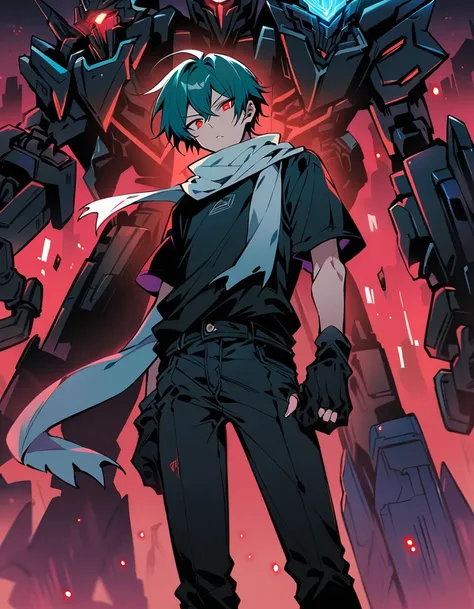 Male Teenager ,solo, black undershirt, black jean pants, black sneakers, teal hair, white scarf, red eyes, sinister look, masterpiece, best quality, Cybertron, night, stars