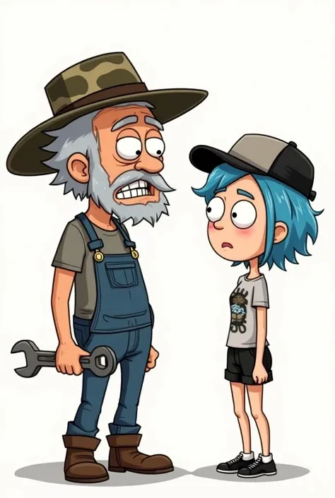 Line art, chibi, two people, older man, grey hair, brown eyes, camo hat, grey t shirt, jean overalls, boots, waving a wrench, mad expression, woman, blue pixie cut, light blue eyes, trucker hat, graphic tee shirt, black shorts, black shoes, confused expres...