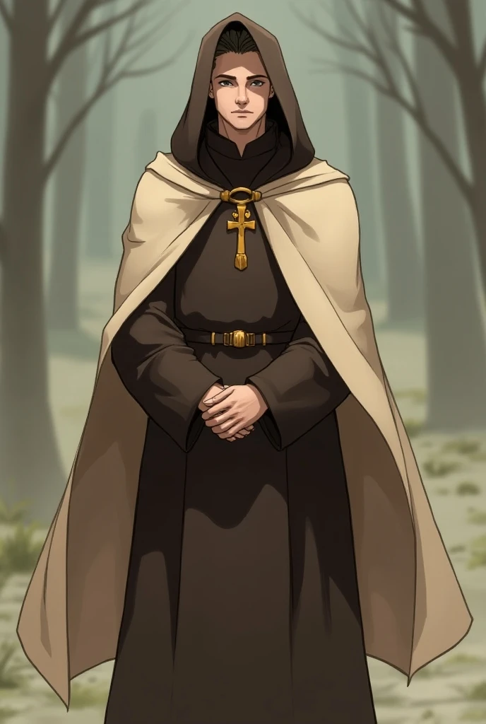 Generate the anime-style image of a friar in a brown habit with a long scapular with the hood on and a cream-colored cape