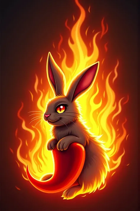 A rabbit that is perched on top of a chili pepper and is surrounded by flames of fire for logo