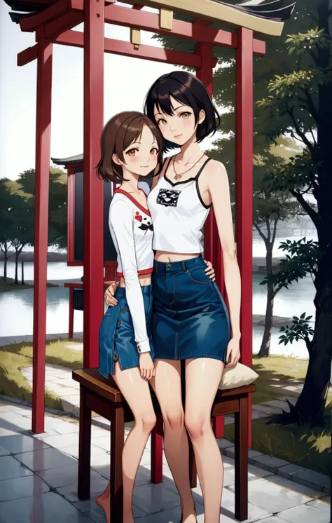 pretty young girls, is in medium hair, hanging out together, both wear denim pencil mini skirt, BREAK, ((masterpiece:1.2), (best quality:1.2), (very aesthetic:1.2), (absurdres:1.2), (detailed background),intricate details, newest, sfw, (full body), (japane...