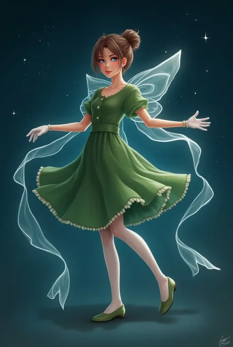 Green Dress，Night Sky，White Pantyhose，White gloves，brown hair short bun hair，Blue and red odd eyes，giant magic bow ，Photo pose ￼￼