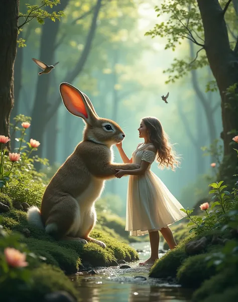 An image of a very beautiful images of a fairly elf female s playing with a gaint rabbit 8k quality resolution- well detailed--enchanted forest--birds singing 